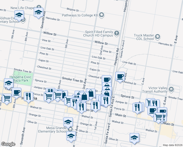 map of restaurants, bars, coffee shops, grocery stores, and more near 16416 Chestnut Street in Hesperia