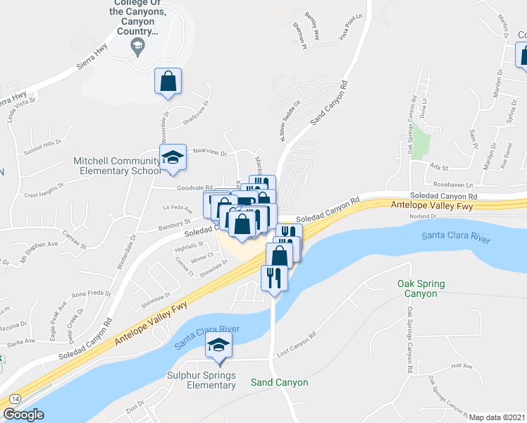 map of restaurants, bars, coffee shops, grocery stores, and more near 28522 Sand Canyon Road in Santa Clarita