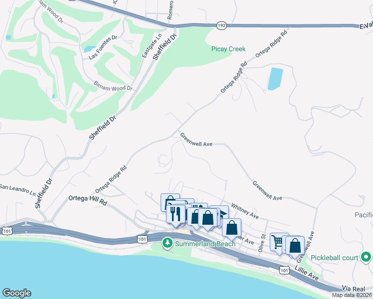 map of restaurants, bars, coffee shops, grocery stores, and more near 2180 Ortega Ranch Road in Santa Barbara