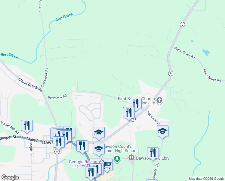 map of restaurants, bars, coffee shops, grocery stores, and more near 555 Perimeter Road in Dawsonville