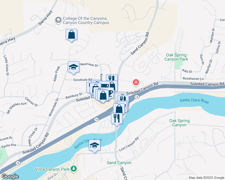 map of restaurants, bars, coffee shops, grocery stores, and more near 16507 Soledad Canyon Road in Santa Clarita