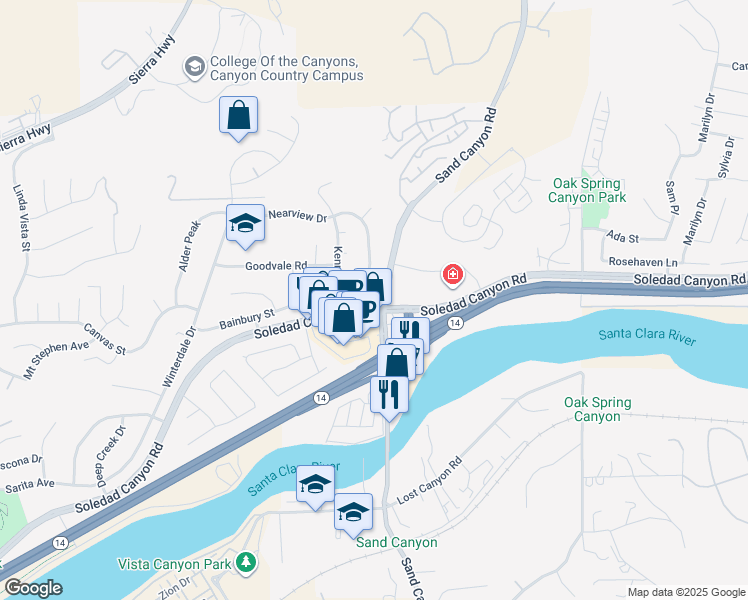 map of restaurants, bars, coffee shops, grocery stores, and more near 16507 Soledad Canyon Road in Santa Clarita
