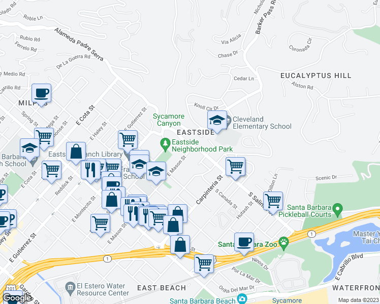 map of restaurants, bars, coffee shops, grocery stores, and more near 1324 East Mason Street in Santa Barbara
