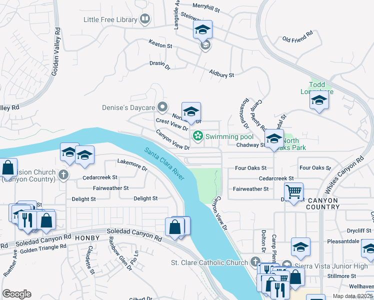 map of restaurants, bars, coffee shops, grocery stores, and more near 19928 Canyon View Drive in Santa Clarita