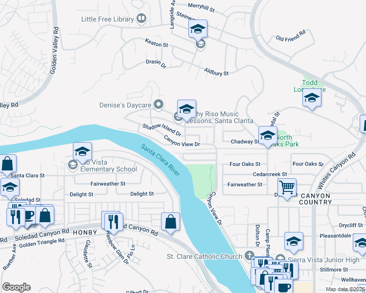 map of restaurants, bars, coffee shops, grocery stores, and more near 20042 Canyon View Drive in Santa Clarita