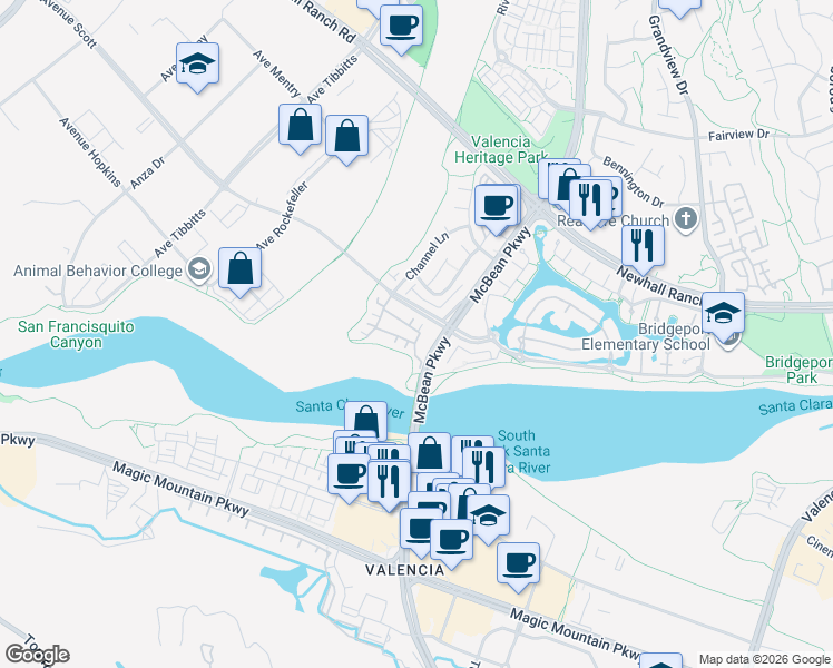 map of restaurants, bars, coffee shops, grocery stores, and more near 26934 Colonial Lane in Santa Clarita