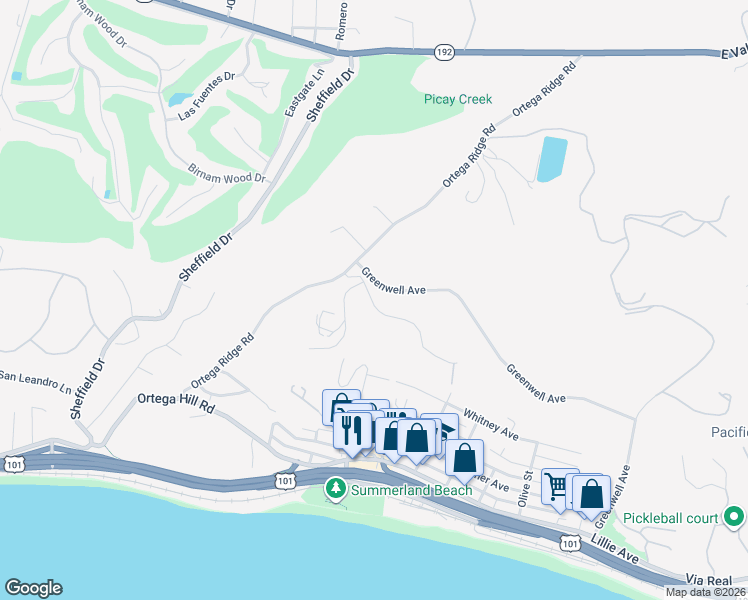 map of restaurants, bars, coffee shops, grocery stores, and more near 2180 Ortega Ranch Road in Santa Barbara