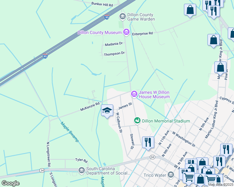 map of restaurants, bars, coffee shops, grocery stores, and more near 1010 McKenzie Road in Dillon
