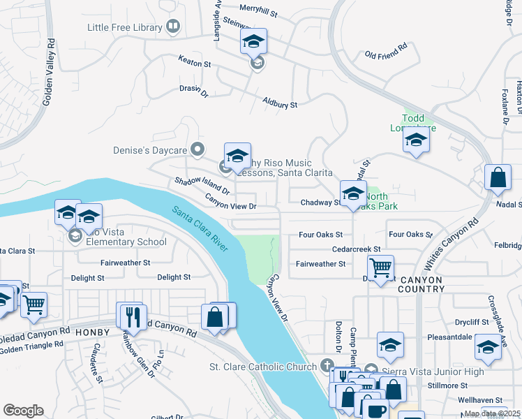 map of restaurants, bars, coffee shops, grocery stores, and more near 19928 Canyon View Drive in Santa Clarita