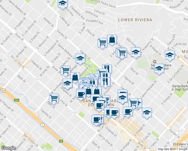 map of restaurants, bars, coffee shops, grocery stores, and more near Santa Barbara St & E Sola St in Santa Barbara