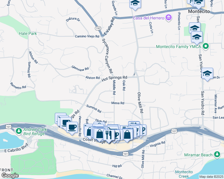 map of restaurants, bars, coffee shops, grocery stores, and more near 285 Middle Road in Montecito