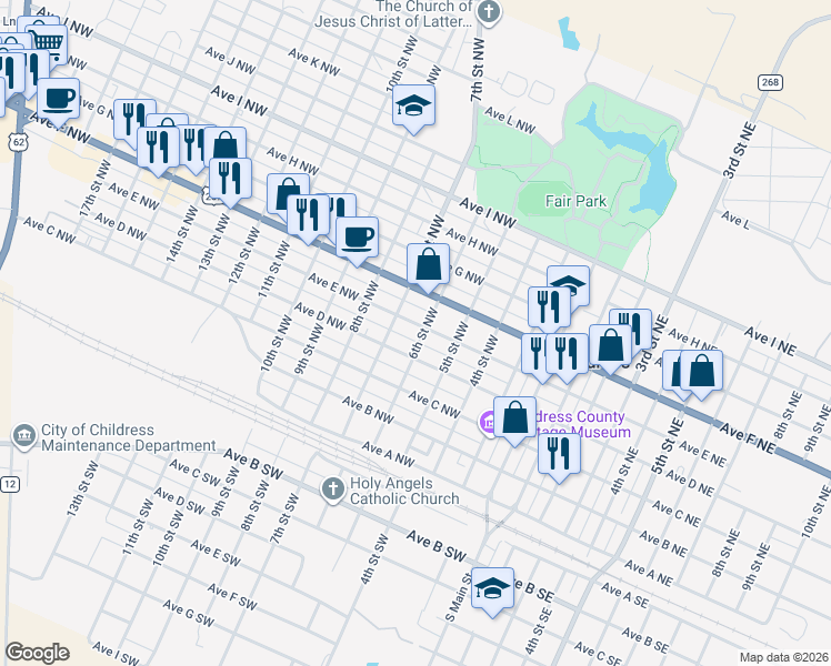 map of restaurants, bars, coffee shops, grocery stores, and more near 501-599 6th Street Northwest in Childress