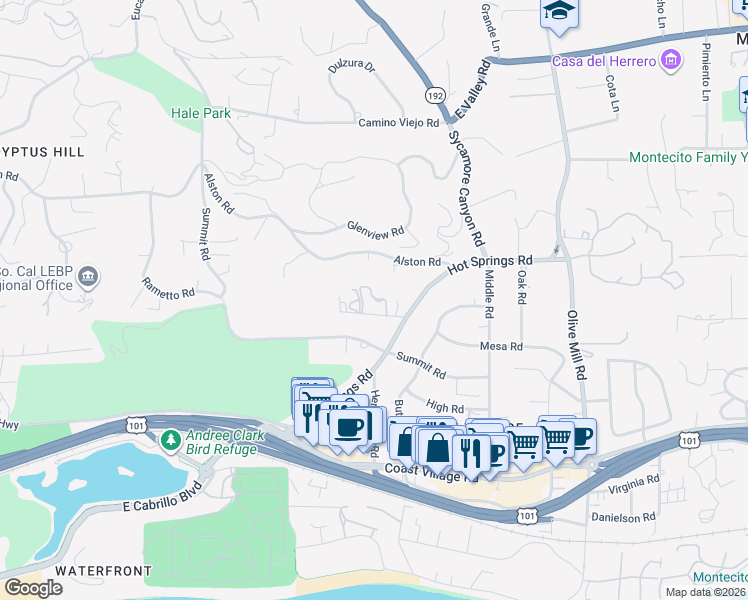 map of restaurants, bars, coffee shops, grocery stores, and more near 1084 Golf Road in Montecito