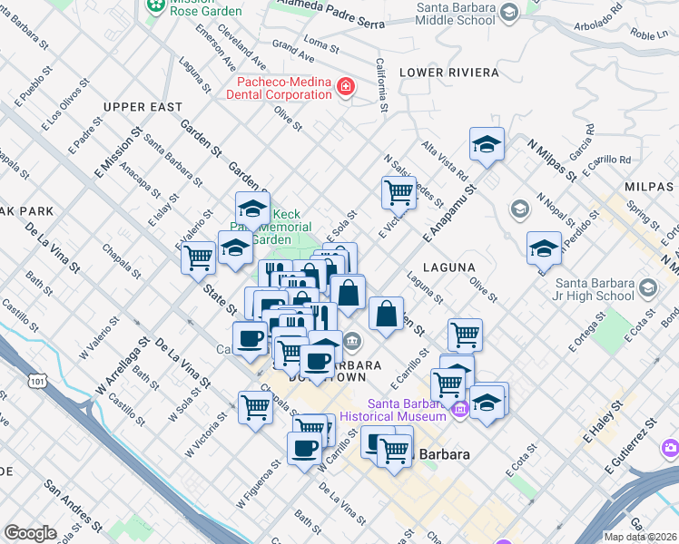 map of restaurants, bars, coffee shops, grocery stores, and more near 1324 Garden Street in Santa Barbara