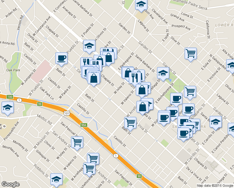 map of restaurants, bars, coffee shops, grocery stores, and more near 1805 Chapala Street in Santa Barbara