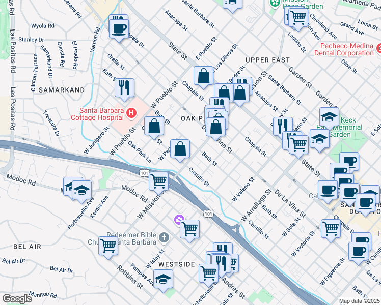 map of restaurants, bars, coffee shops, grocery stores, and more near 230 West Mission Street in Santa Barbara