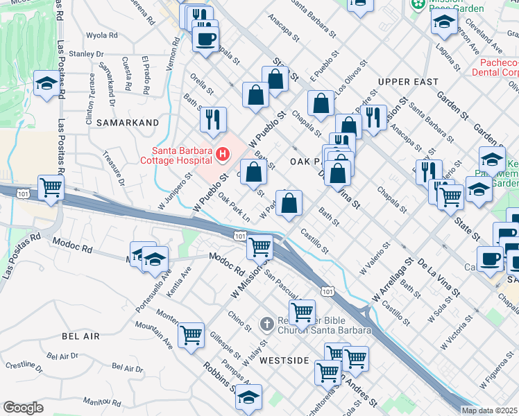 map of restaurants, bars, coffee shops, grocery stores, and more near 2117 Castillo Street in Santa Barbara
