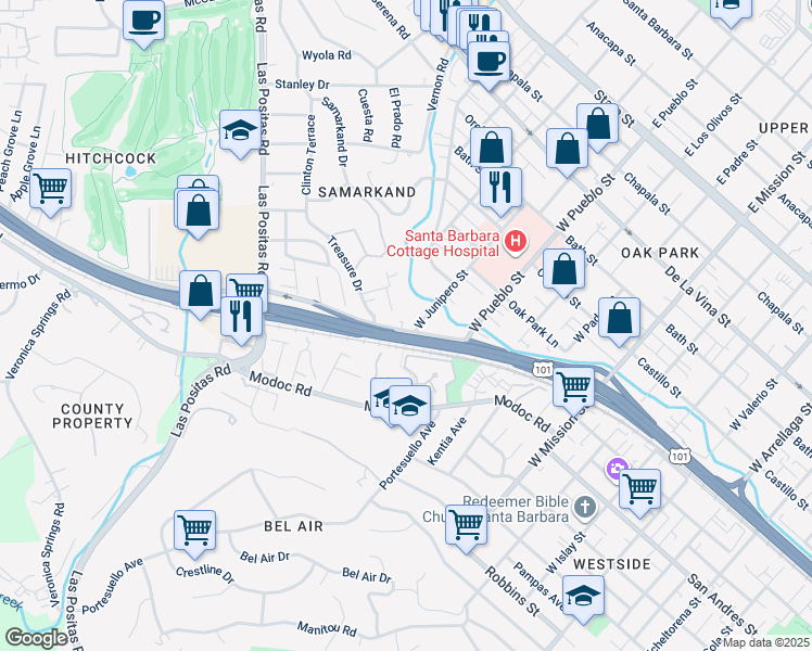 map of restaurants, bars, coffee shops, grocery stores, and more near 2510 Oak Crest Drive in Santa Barbara