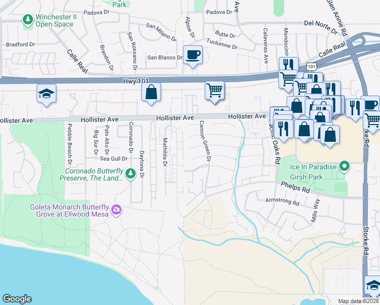 map of restaurants, bars, coffee shops, grocery stores, and more near 7393 Elmhurst Place in Goleta