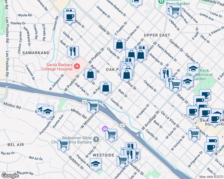 map of restaurants, bars, coffee shops, grocery stores, and more near 314 W Mission St in Santa Barbara