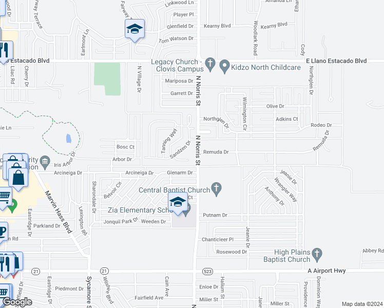 map of restaurants, bars, coffee shops, grocery stores, and more near 112 Ernst Place in Clovis