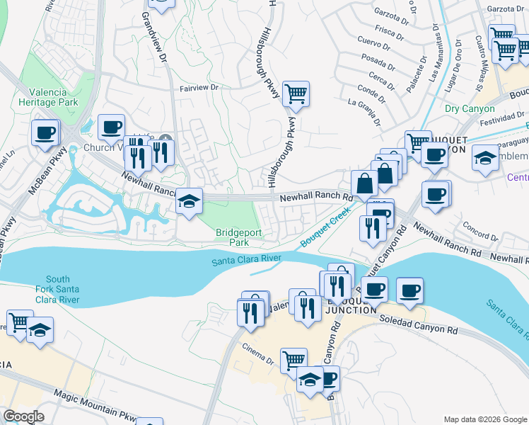 map of restaurants, bars, coffee shops, grocery stores, and more near 26841 Shorebreak Lane in Santa Clarita