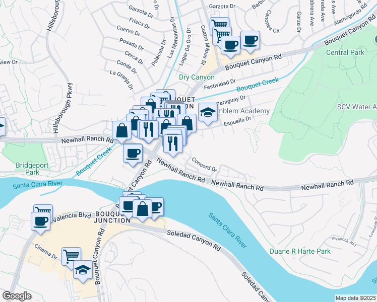 map of restaurants, bars, coffee shops, grocery stores, and more near 26558 Bouquet Canyon Road in Santa Clarita