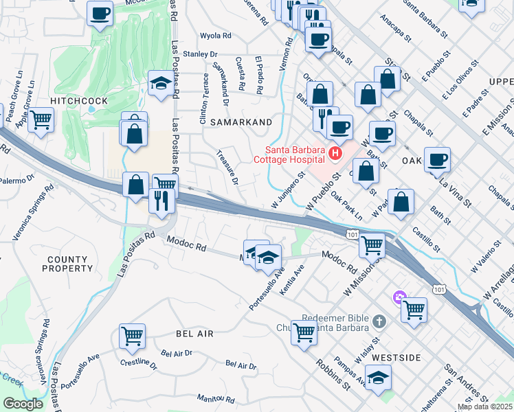 map of restaurants, bars, coffee shops, grocery stores, and more near 2510 Oak Crest Drive in Santa Barbara