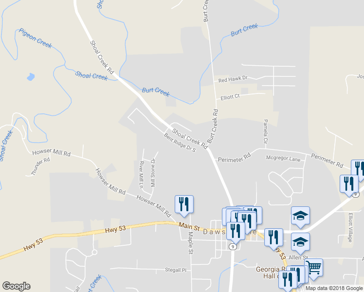 map of restaurants, bars, coffee shops, grocery stores, and more near 114 Bent Ridge Drive South in Dawsonville