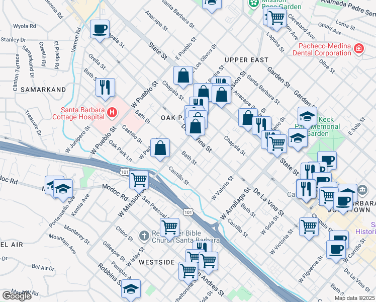 map of restaurants, bars, coffee shops, grocery stores, and more near 1922 Bath Street in Santa Barbara