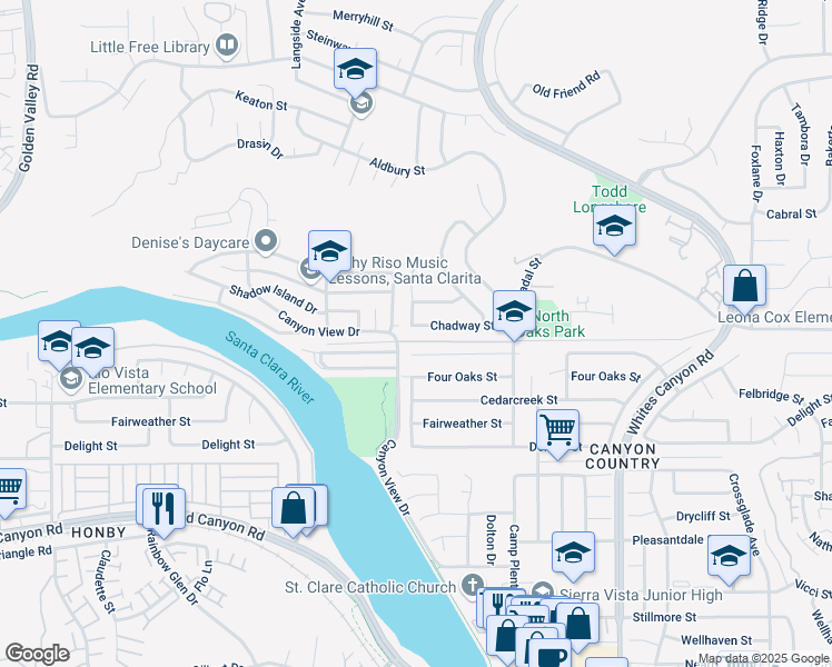 map of restaurants, bars, coffee shops, grocery stores, and more near 19652 Chadway Street in Santa Clarita