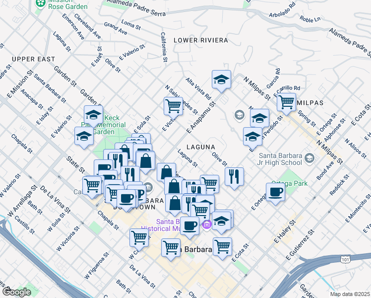 map of restaurants, bars, coffee shops, grocery stores, and more near 1119 Olive Street in Santa Barbara
