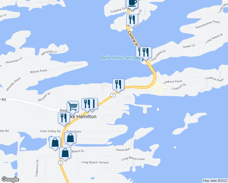 map of restaurants, bars, coffee shops, grocery stores, and more near 5328 Central Avenue in Hot Springs