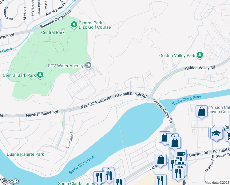 map of restaurants, bars, coffee shops, grocery stores, and more near 22168 Barrington Way in Santa Clarita