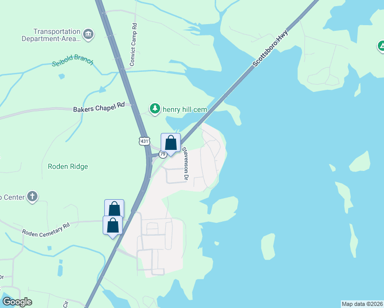 map of restaurants, bars, coffee shops, grocery stores, and more near 55 Stevenson Drive in Guntersville