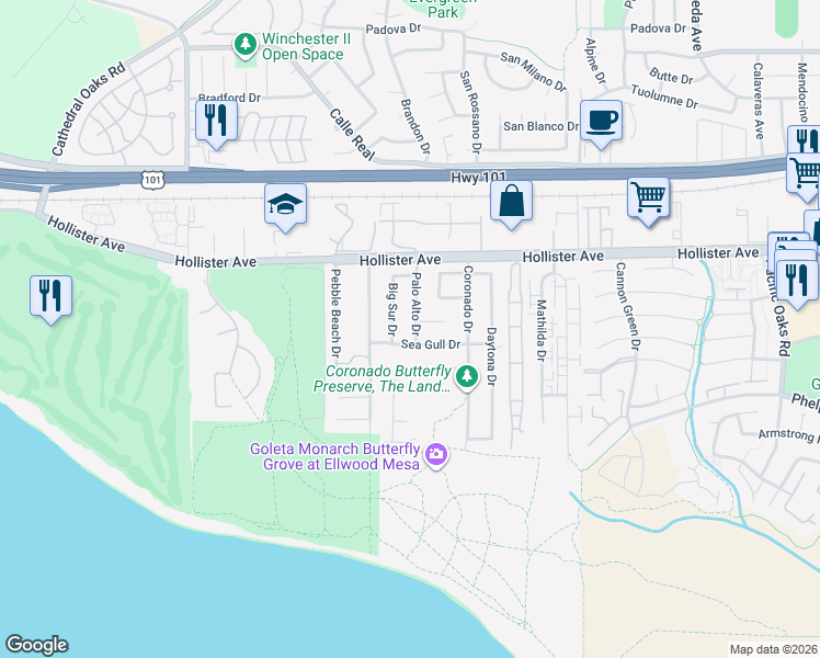 map of restaurants, bars, coffee shops, grocery stores, and more near 268 Big Sur Drive in Goleta
