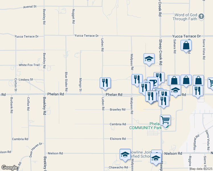 map of restaurants, bars, coffee shops, grocery stores, and more near 9757 Lebec Road in Phelan