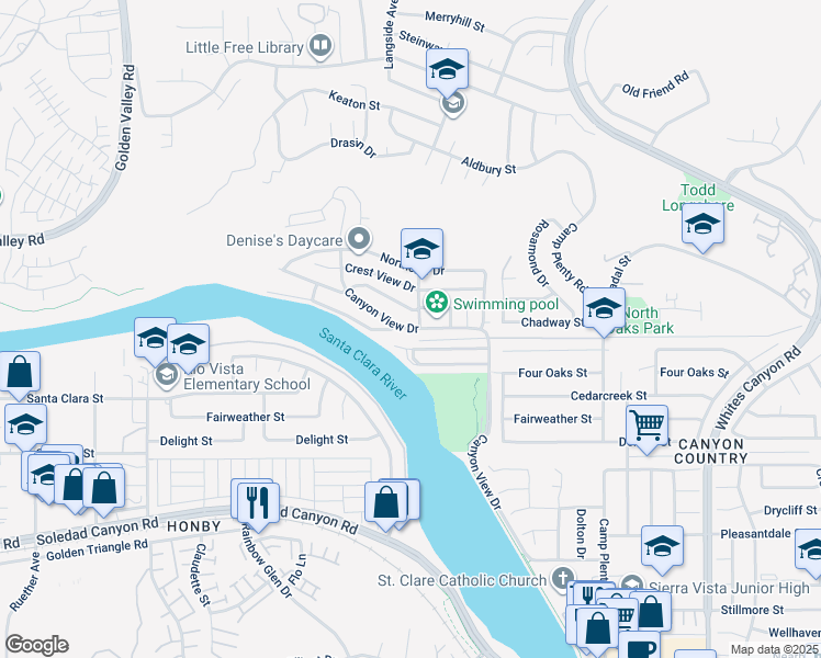 map of restaurants, bars, coffee shops, grocery stores, and more near Canyon View Drive in Santa Clarita