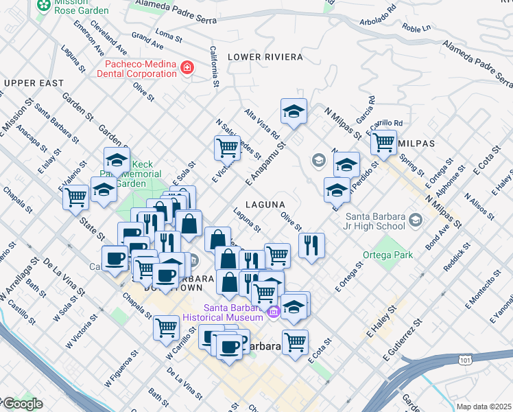 map of restaurants, bars, coffee shops, grocery stores, and more near 1119 Olive Street in Santa Barbara