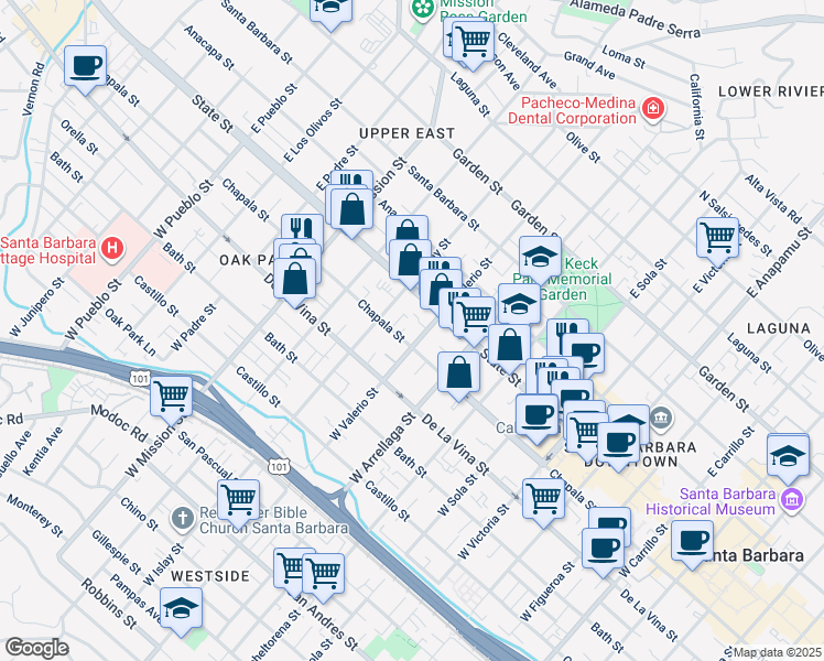 map of restaurants, bars, coffee shops, grocery stores, and more near 20 West Valerio Street in Santa Barbara
