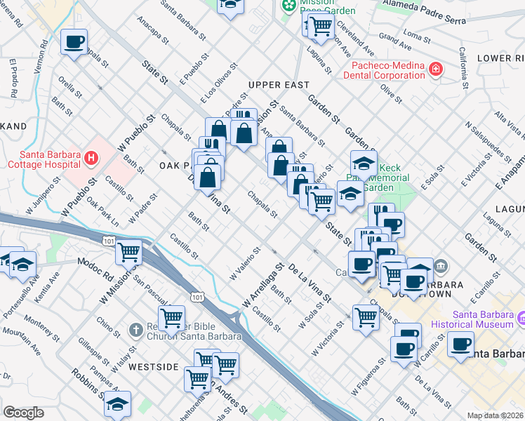 map of restaurants, bars, coffee shops, grocery stores, and more near 1805 Chapala Street in Santa Barbara