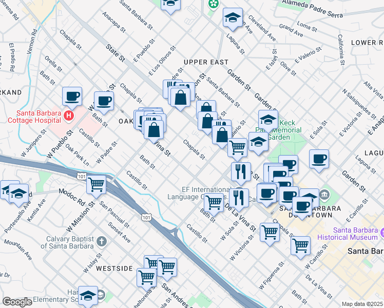 map of restaurants, bars, coffee shops, grocery stores, and more near 1805 Chapala Street in Santa Barbara