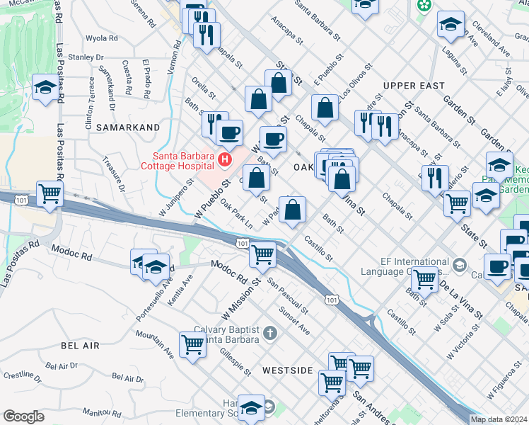 map of restaurants, bars, coffee shops, grocery stores, and more near 2117 Castillo Street in Santa Barbara