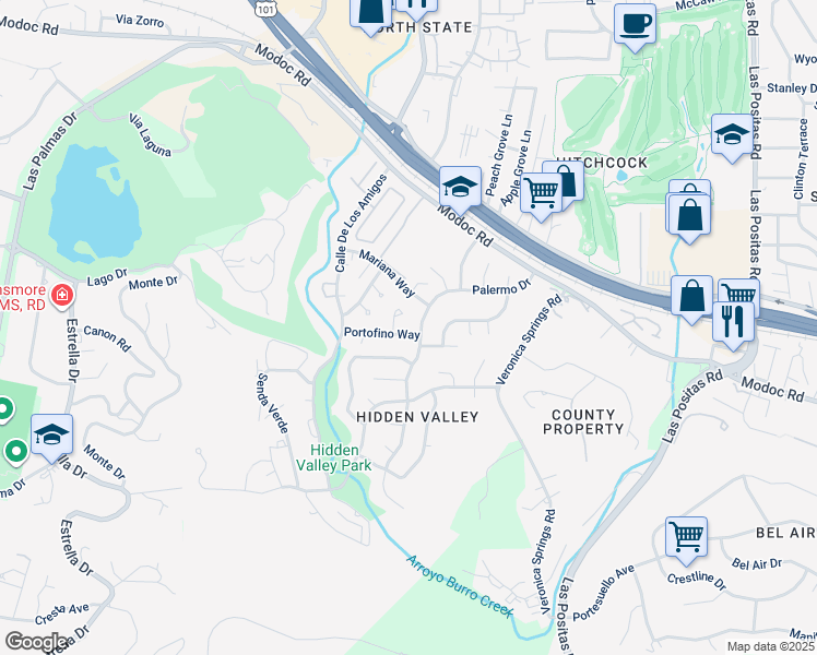 map of restaurants, bars, coffee shops, grocery stores, and more near 777 Terni Lane in Santa Barbara