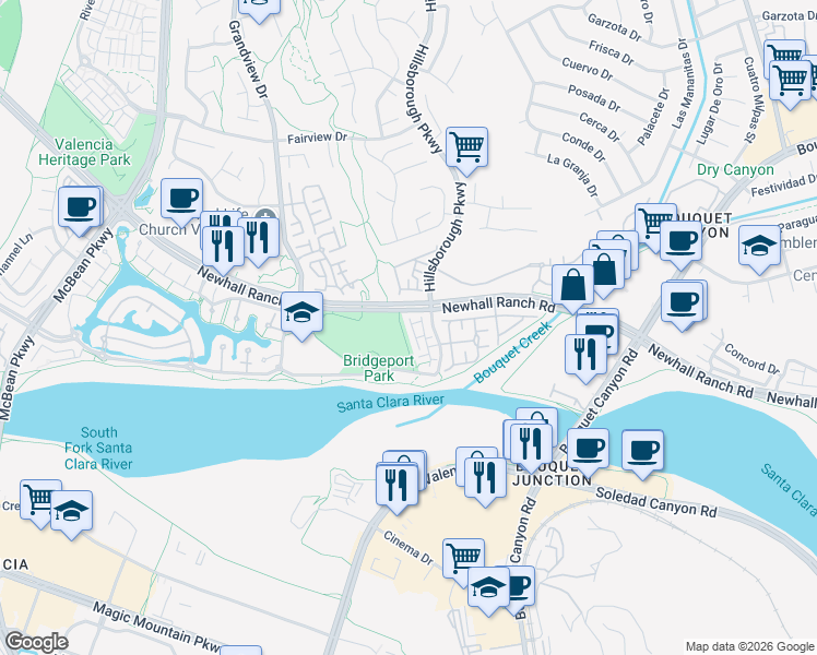 map of restaurants, bars, coffee shops, grocery stores, and more near 26833 Shorebreak Lane in Santa Clarita