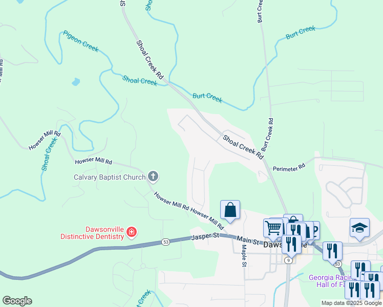 map of restaurants, bars, coffee shops, grocery stores, and more near 267 River Mill Lane in Dawsonville