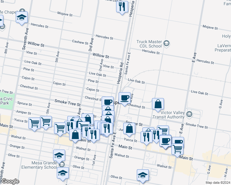 map of restaurants, bars, coffee shops, grocery stores, and more near 17043 Main Street in Hesperia