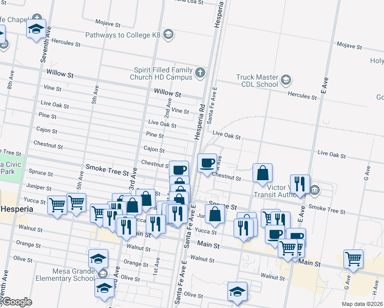 map of restaurants, bars, coffee shops, grocery stores, and more near 16585 Pine Street in Hesperia