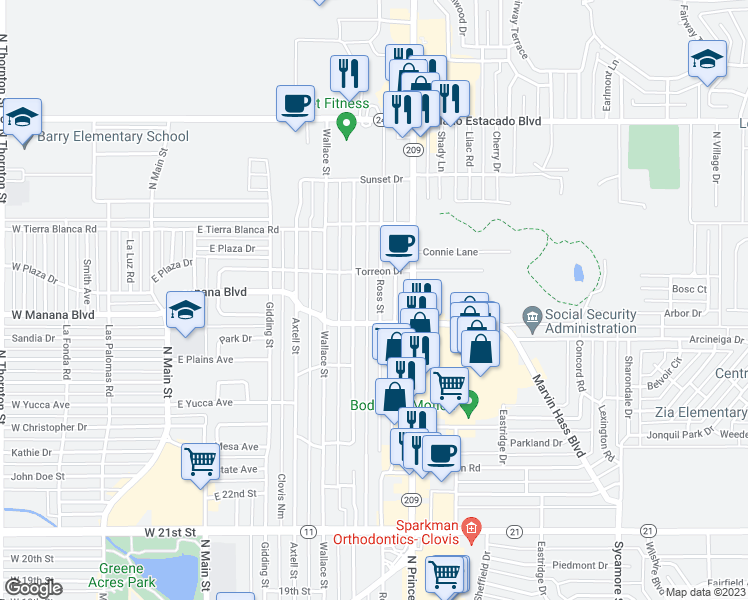 map of restaurants, bars, coffee shops, grocery stores, and more near 2816 Ross Street in Clovis