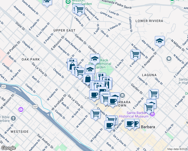 map of restaurants, bars, coffee shops, grocery stores, and more near 111 La Paz Avenue in Santa Barbara